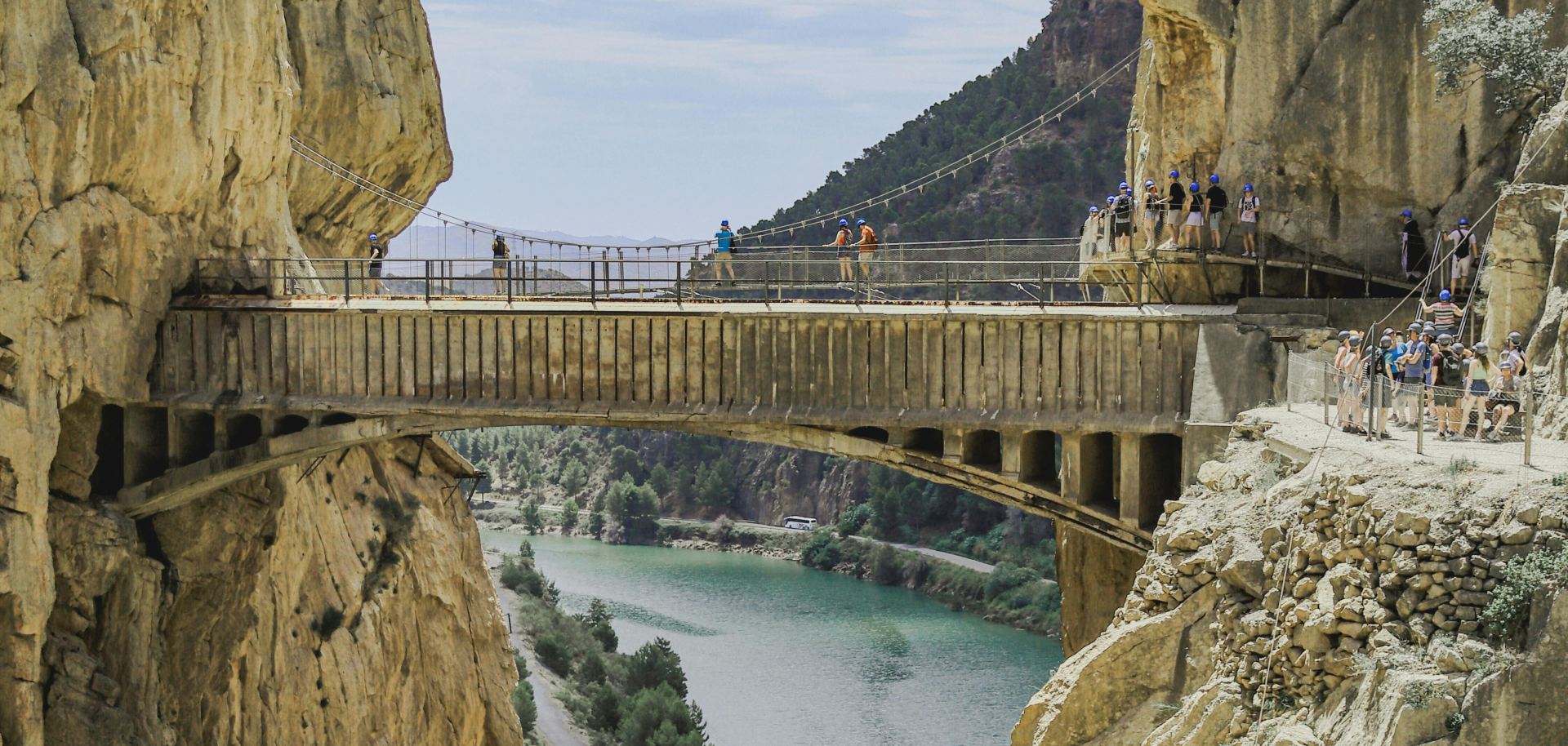 Caminito del Rey suspension bridge crossing the gorge at approximtely 105 m above the river.