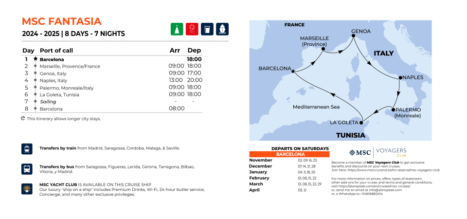 Cruise on MSC Fantasia from Barcelona from November to April 2025. Visit Marseille, Genoa, Naples, Palermo (Monreale), and La Goleta. Four countries: Spain, France, Itlay, & Tunisia. Sails on Saturdays.