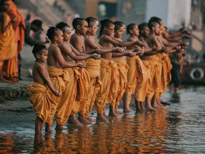 Colores de la India: Jóvenes estudiantes hindúes en Varanasi realizando una ofrenda ritual al río Ganges al amanecer