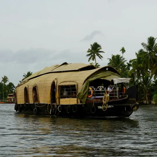 Houseboat tradicional navegando por los backwaters de Kerala entre cocoteros y canales tranquilos.