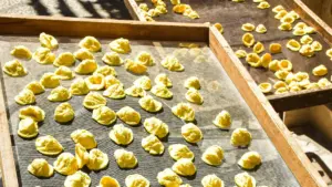 Pasta orecchiette hecha a mano secándose al sol sobre una bandeja de malla en Puglia, Italia